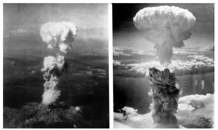 Ledakan bom atom di Hiroshima (kiri) dan Nagasaki (kanan) sebagai bentuk dampak geatif dari penggunaan energi